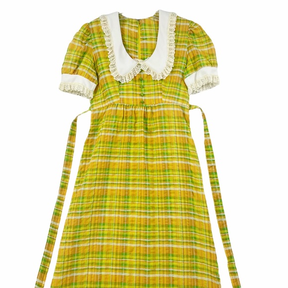 Vintage Yellow, Green, White Plaid Maxi Dress Made in the USA Union Label - Picture 3 of 15